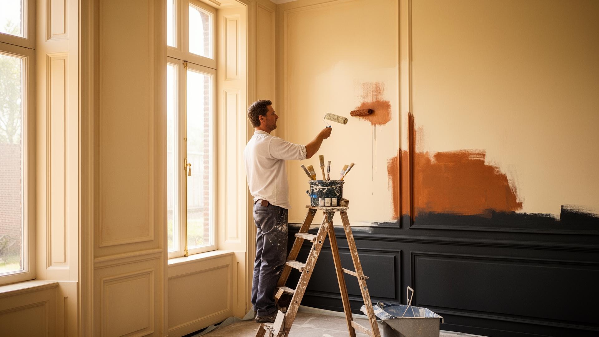 Schilder W. Kok aan het werk in een Nederlands interieur